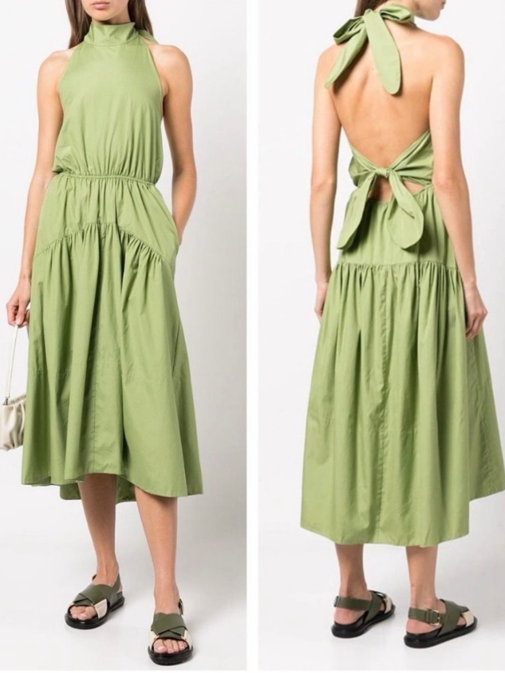 Vince Draped Halter Neck midi dress Tiered Cotton Pistachio Green Chic Sz Small